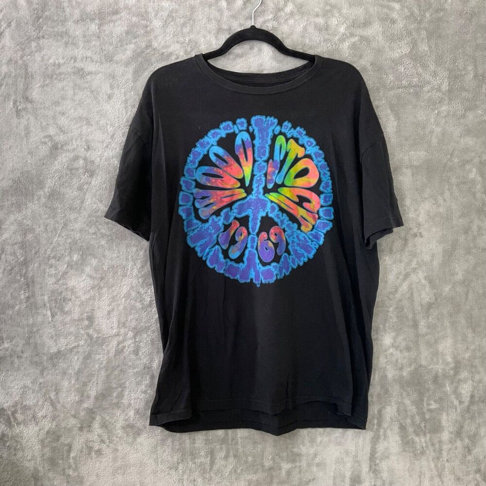 WOODSTOCK Black T shirt Colorful Graphic 3 DAYS of PEACE & MUSIC Size L